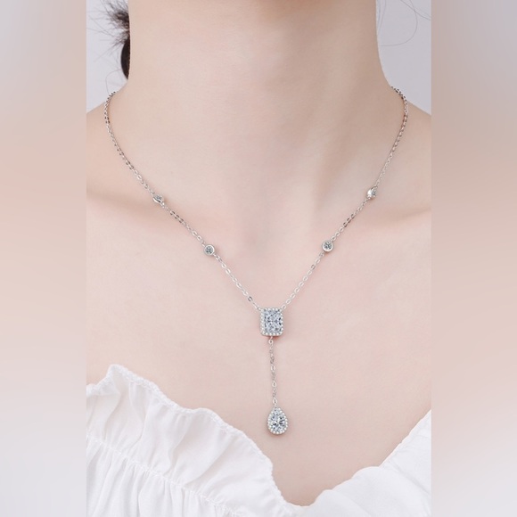 3 Carat 925 Sterling Silver Double Drop Pendant Necklace